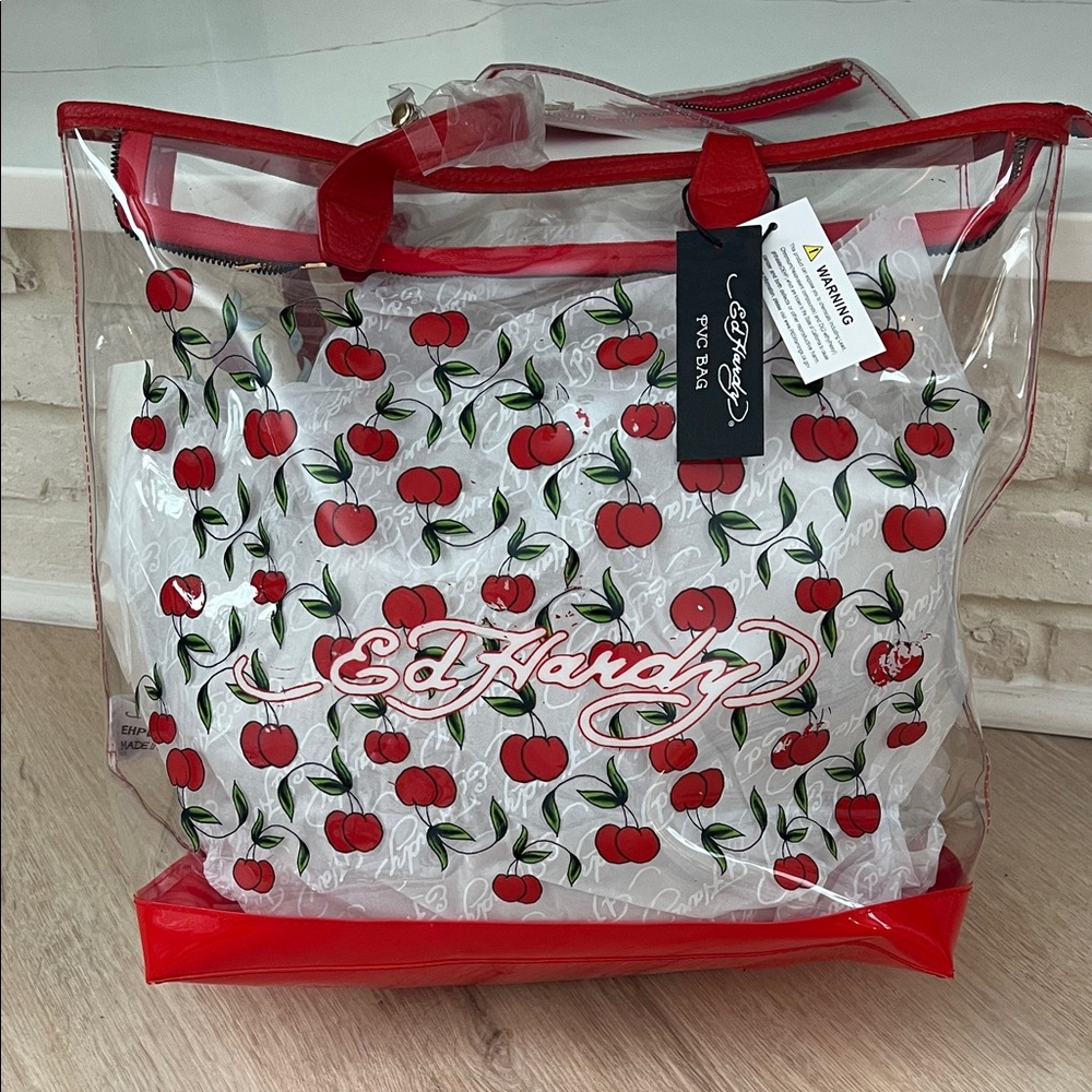 Ed Hardy Clear Tote with Cherry Design - Red and White